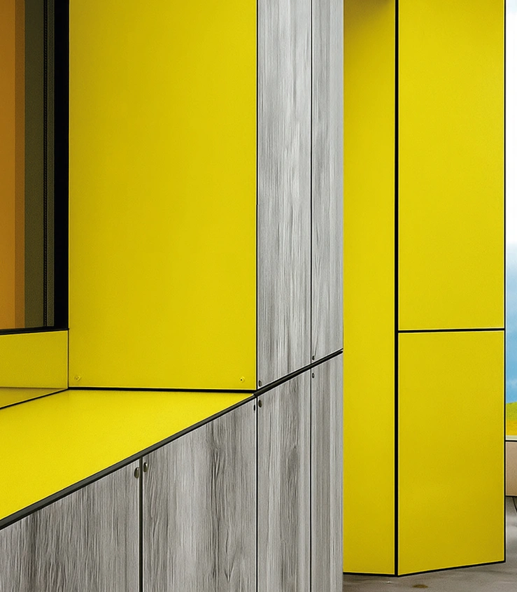 cambinación de colores planos y textura madera aplicación casa residencial fachada rehabilitada