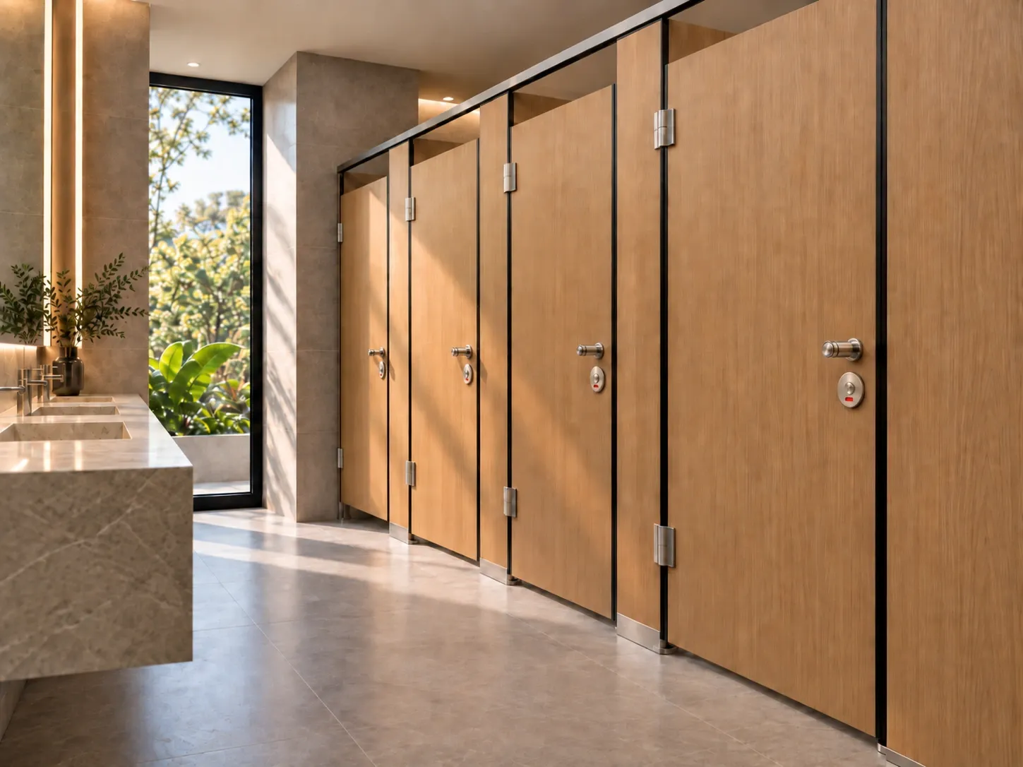 Divisiones de baño VPannel en HPL con cantos protegidos en PVC negro para interiores en Chile