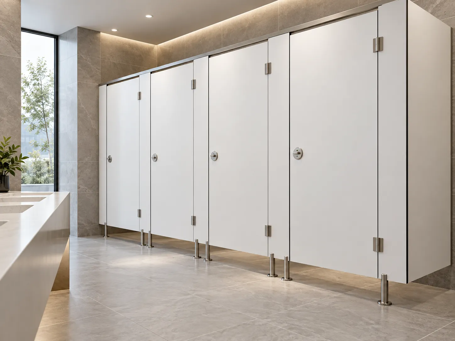 Divisiones de baños HPL AquaCor con cabinas sanitarias en panel fenólico blanco