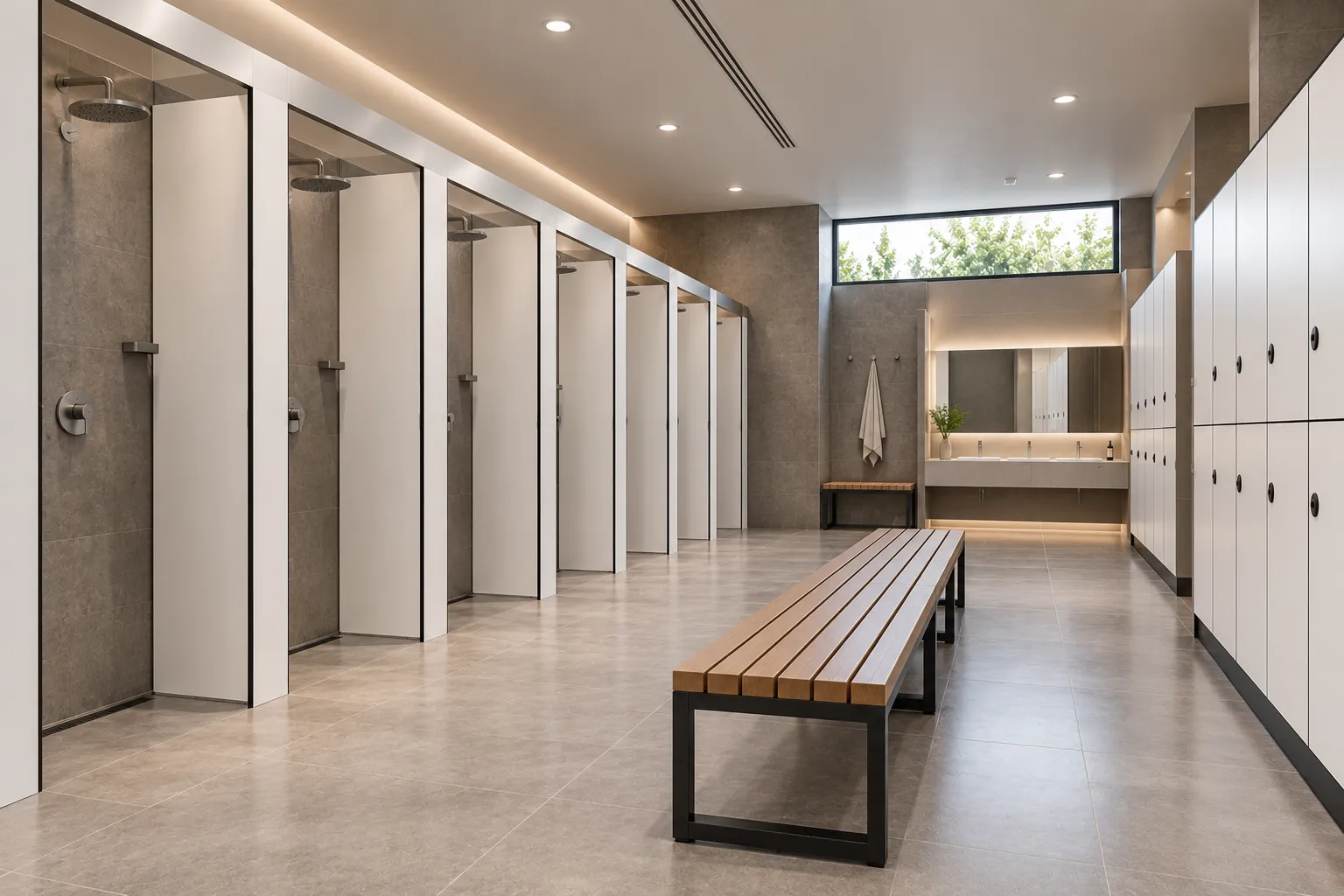 Duchas y vestuarios con divisiones HPL AquaCor para zonas húmedas
