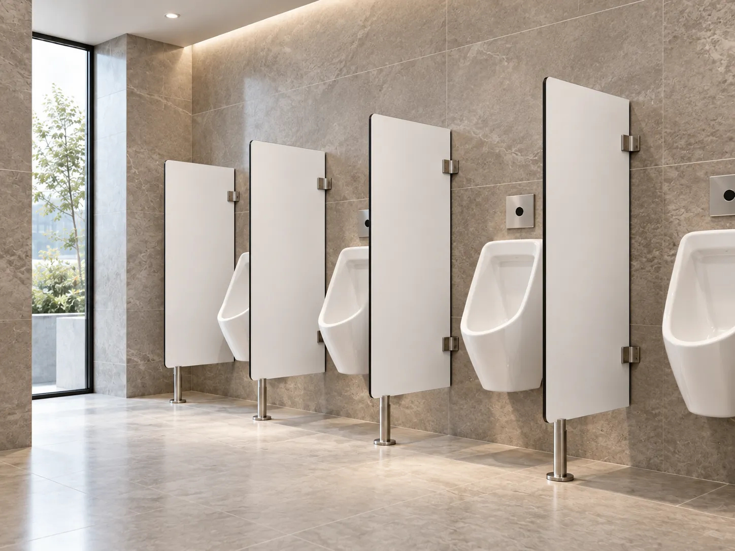 Separadores de urinarios en panel fenólico HPL para baños de alto tránsito