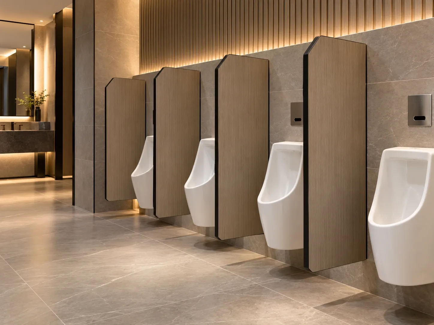 Separadores de urinarios VPannel en HPL con cantos protegidos en PVC negro para baños interiores en Chile