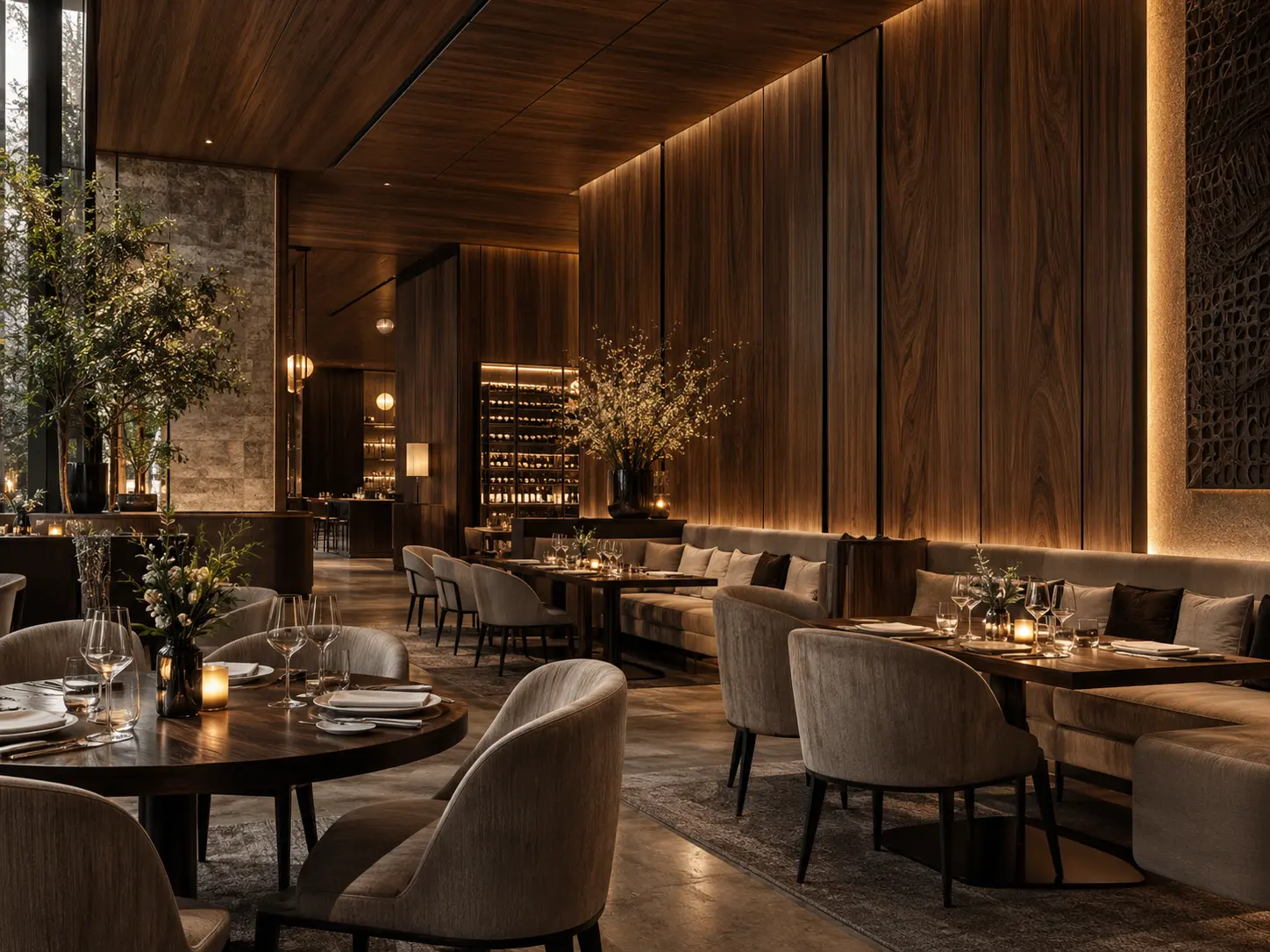 VPannel restaurante diseño madera arquitectura interior Chile Restaurante elegante con revestimiento mural VPannel diseño madera para arquitectura interior en Chile