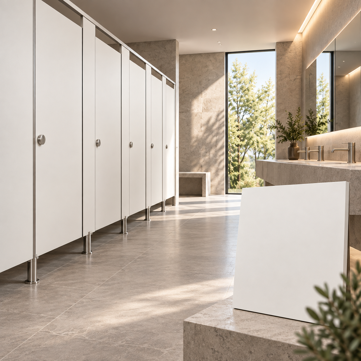 Divisiones de baño AquaCor en panel fenólico HPL color blanco para baños públicos y proyectos en Chile