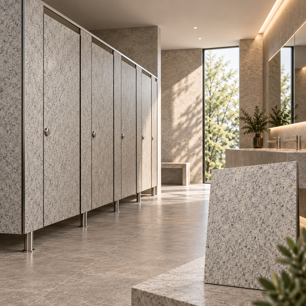 Divisiones de baño AquaCor en panel fenólico HPL textura granito para baños públicos y arquitectura en Chile