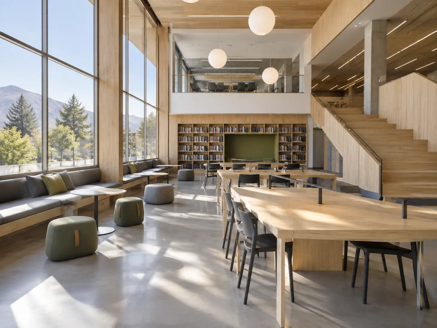 Espacios educativos interiores arquitectura diseño Chile Espacio educativo interior con diseño arquitectónico moderno en Chile, ideal para proyectos de educación, bibliotecas y áreas de estudio.