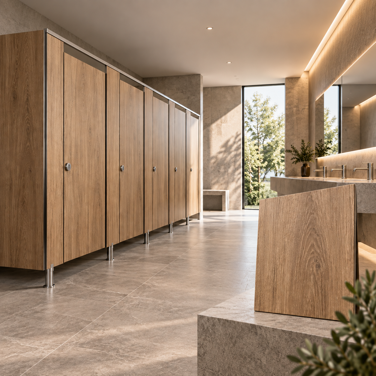 Divisiones de baño AquaCor en panel fenólico HPL textura madera para proyectos de alto tránsito en Chile