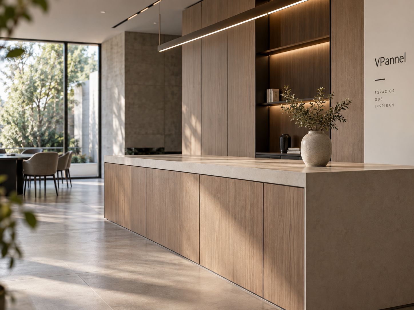 Mobiliario interior con panel decorativo VPannel acabado madera para proyectos en Chile